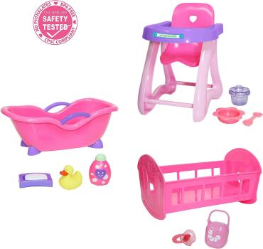 JC Toys/Berenguer - Lots to Love Babies - Crib, High Chair, Bathtub Bundle - Furniture